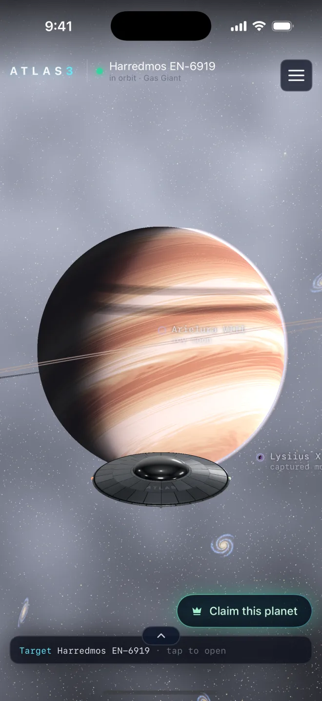 The Atlas on iPhone: the Saucer in orbit around a banded gas giant, its moons labelled, with a Claim this planet button