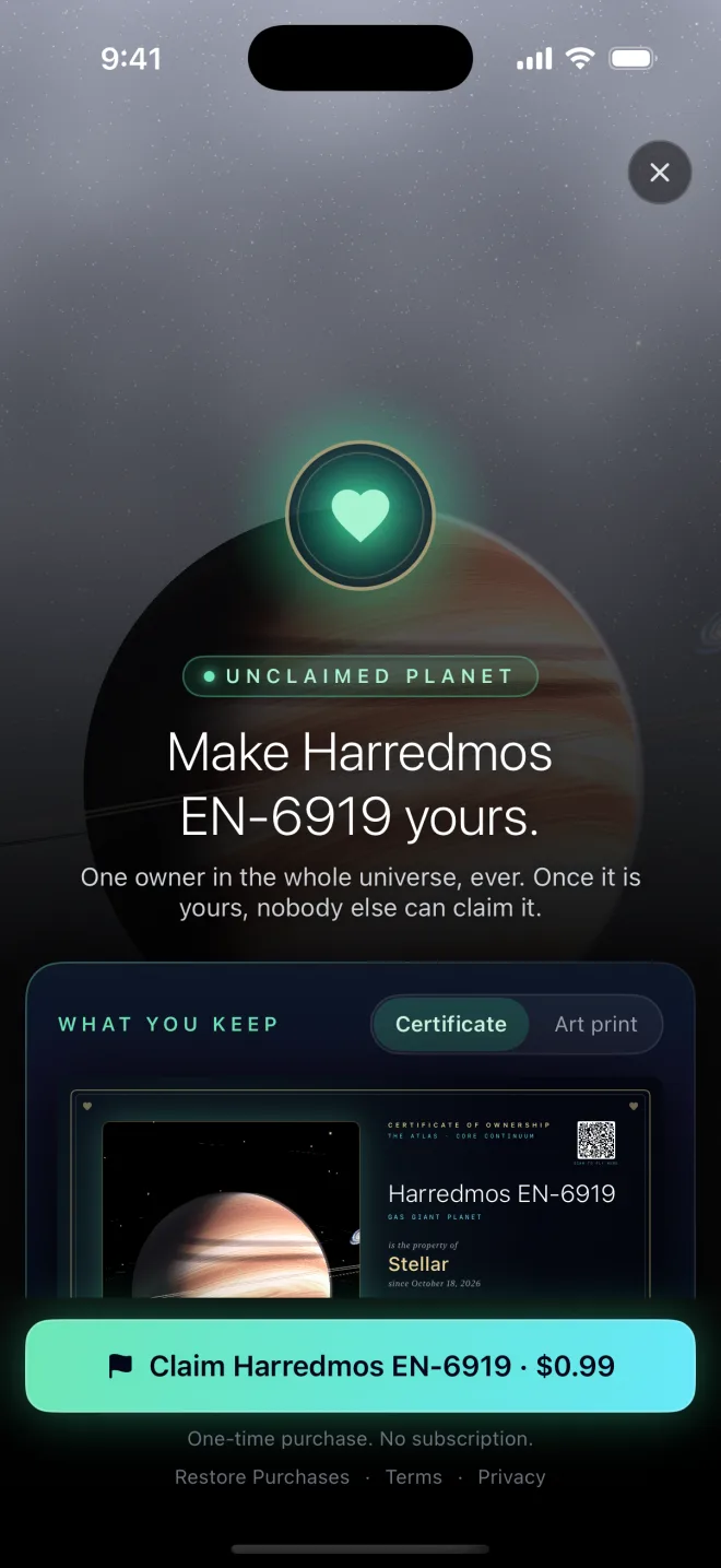 The purchase sheet for an unclaimed planet: a heart seal, "Make Harredmos EN-6919 yours." and a preview of its certificate