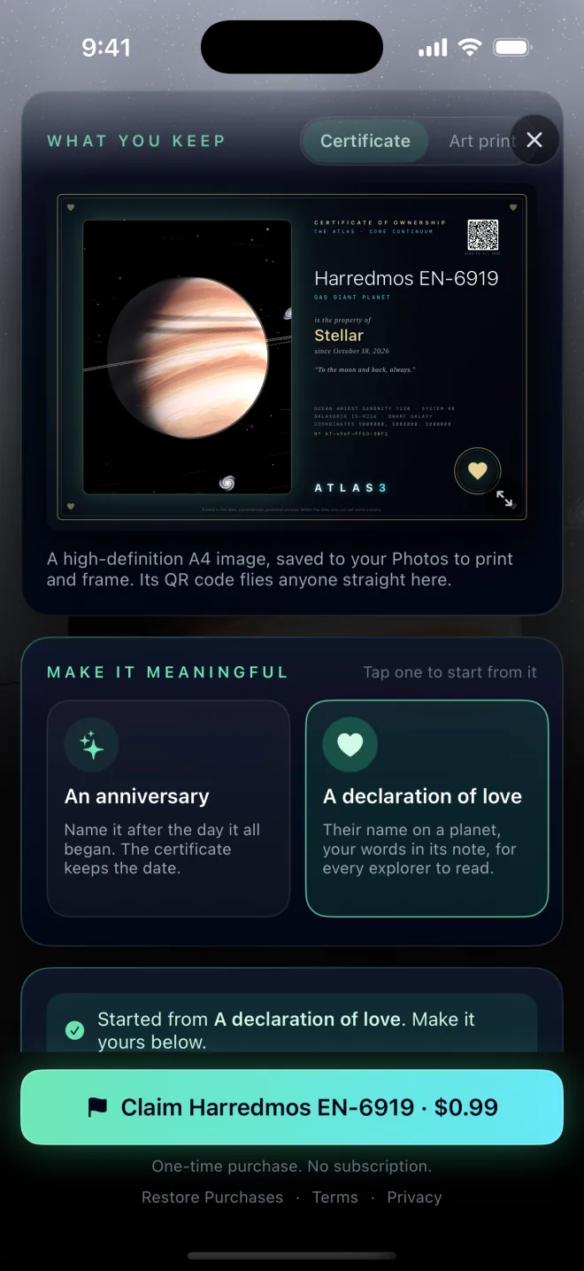 A certificate of ownership with the planet, its owner, the date, a note and a QR code, above ideas such as an anniversary or a declaration of love