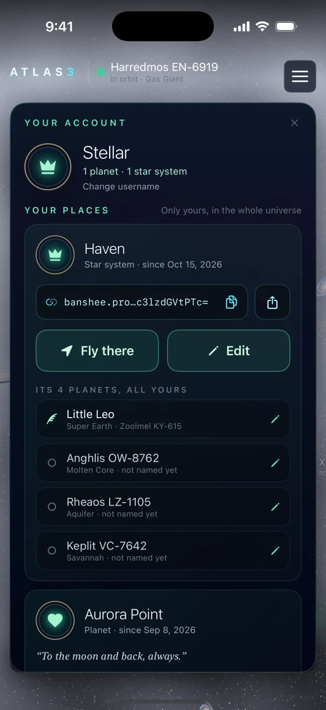 The account panel listing an owned star system with its four planets, one already renamed, and an owned planet with its note