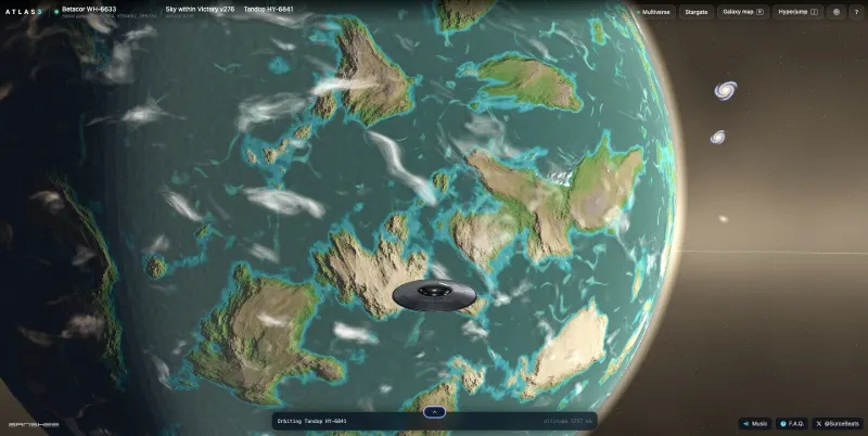 An ocean world with continents and clouds, seen from orbit