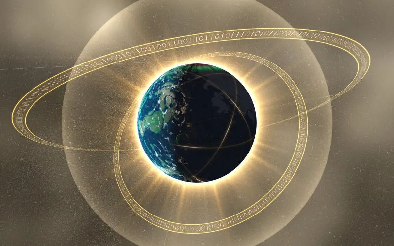 A planet inside a golden corona, circled by rings of binary code