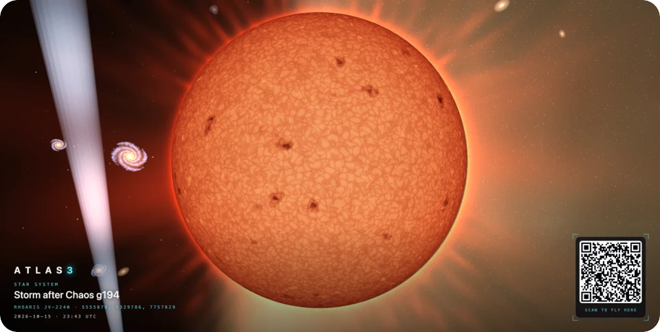 A red star covered in granulation and sunspots, with spiral galaxies behind it