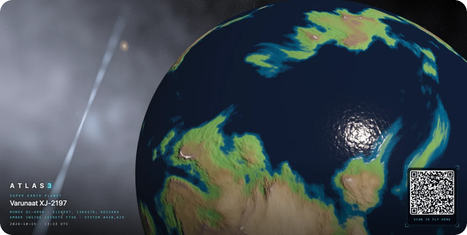 A super-Earth seen from orbit: blue oceans, green and tan continents, sunlight glinting off the sea