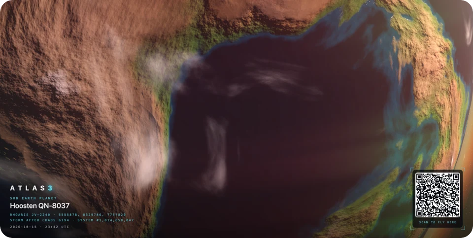 Close over a sub-Earth: rugged brown highlands and wisps of cloud around a dark sea