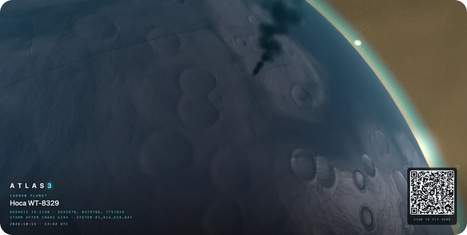 A dark grey carbon planet pocked with craters, a plume of black smoke rising from its surface