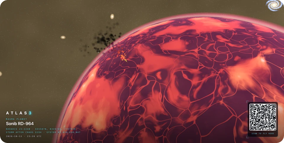 A glowing red magma planet veined with cracks, an eruption throwing ash into space