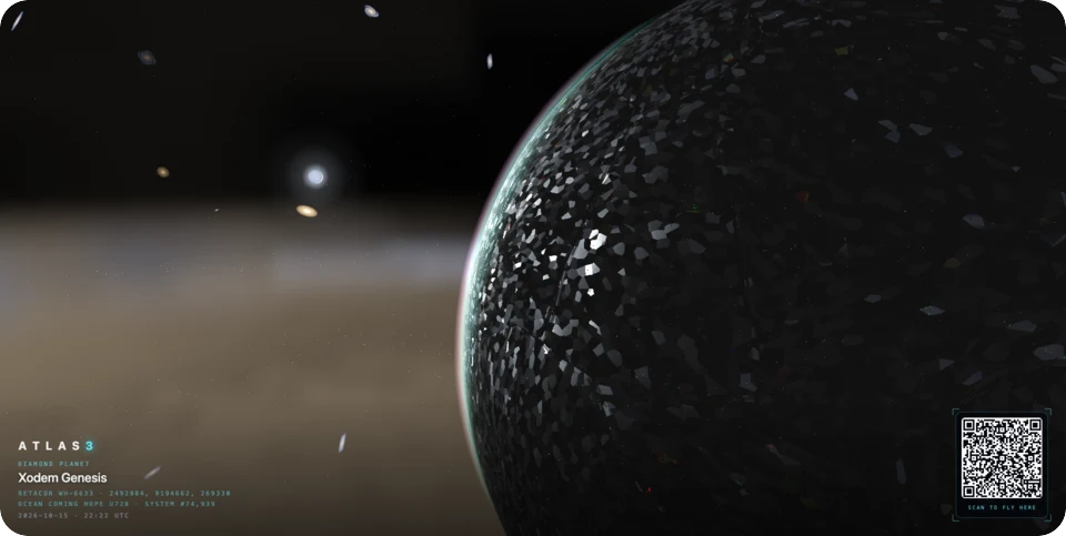 A black diamond planet faceted like cut crystal, catching the light of distant stars