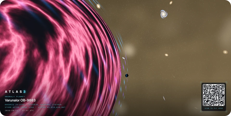 An anomaly: a planet of rippling pink and violet energy, light bending at its edge