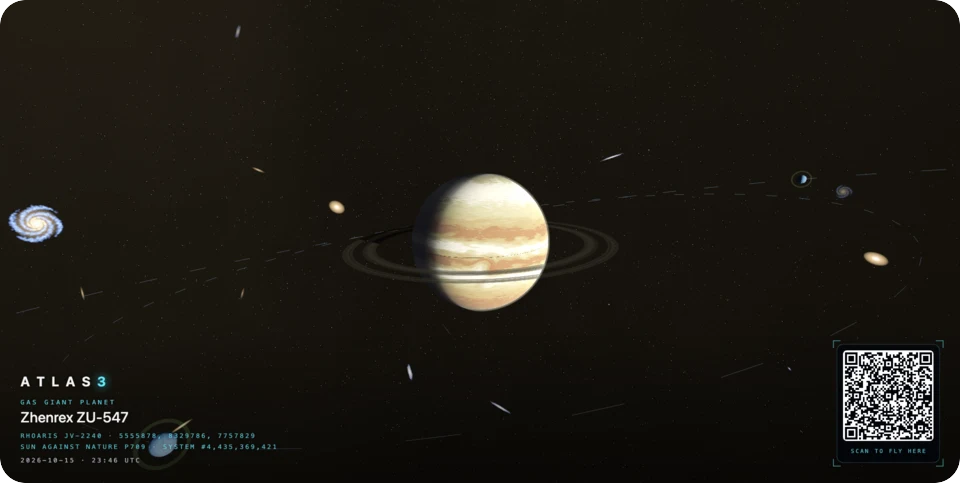 A pale banded gas giant with rings, its moons on dotted orbits and galaxies in the distance