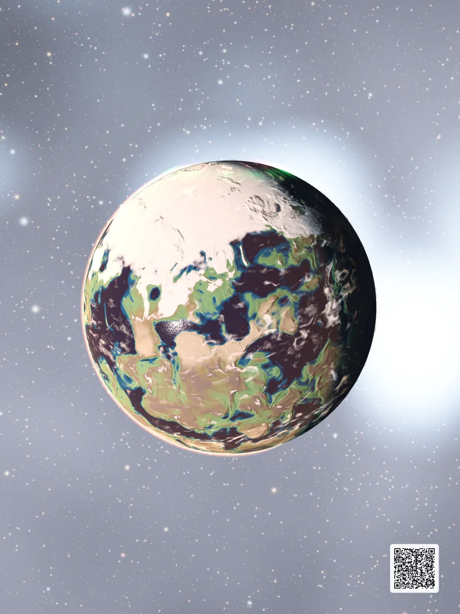 The art print of Little Leo: the super-Earth alone against a pale, starry sky, with a small QR code in the corner