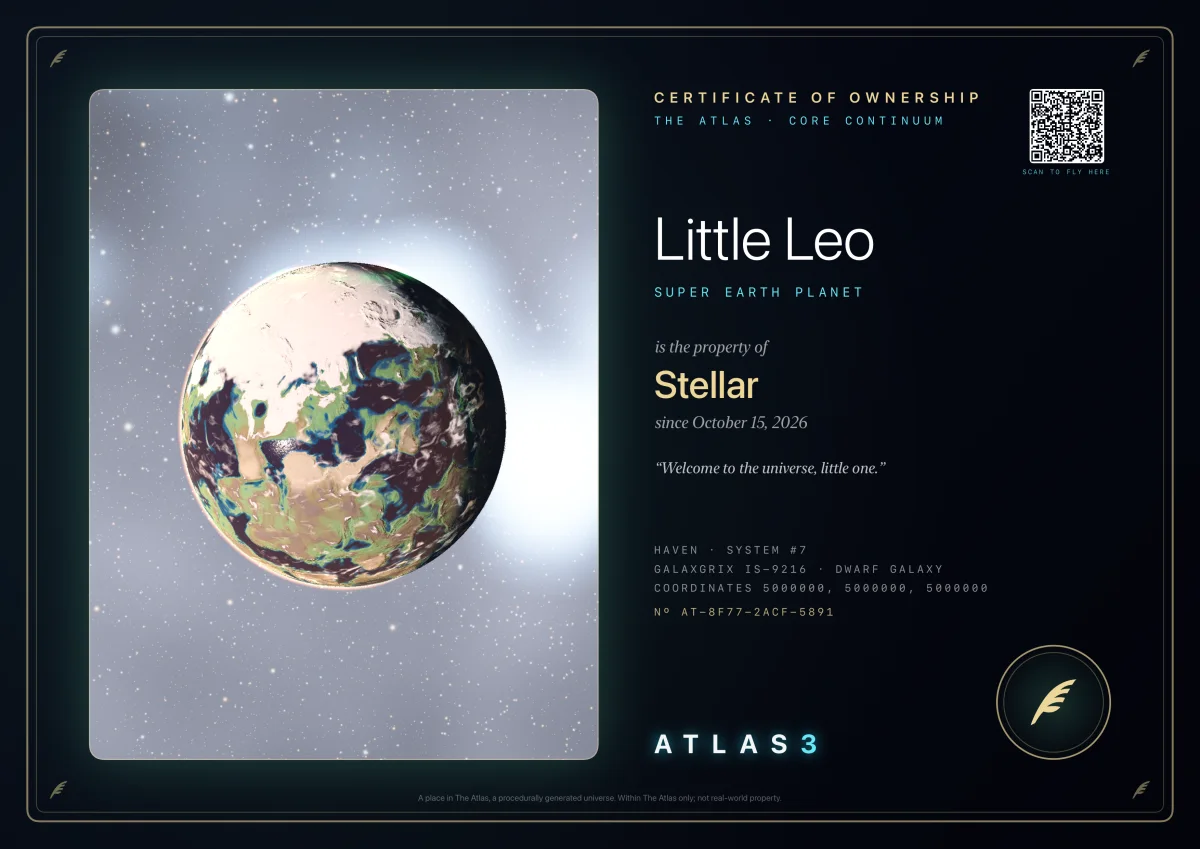 The certificate of ownership of Little Leo, a super-Earth in the Haven system, the property of Stellar since October 15, 2026, with its note, its feather seal and a QR code that flies to it