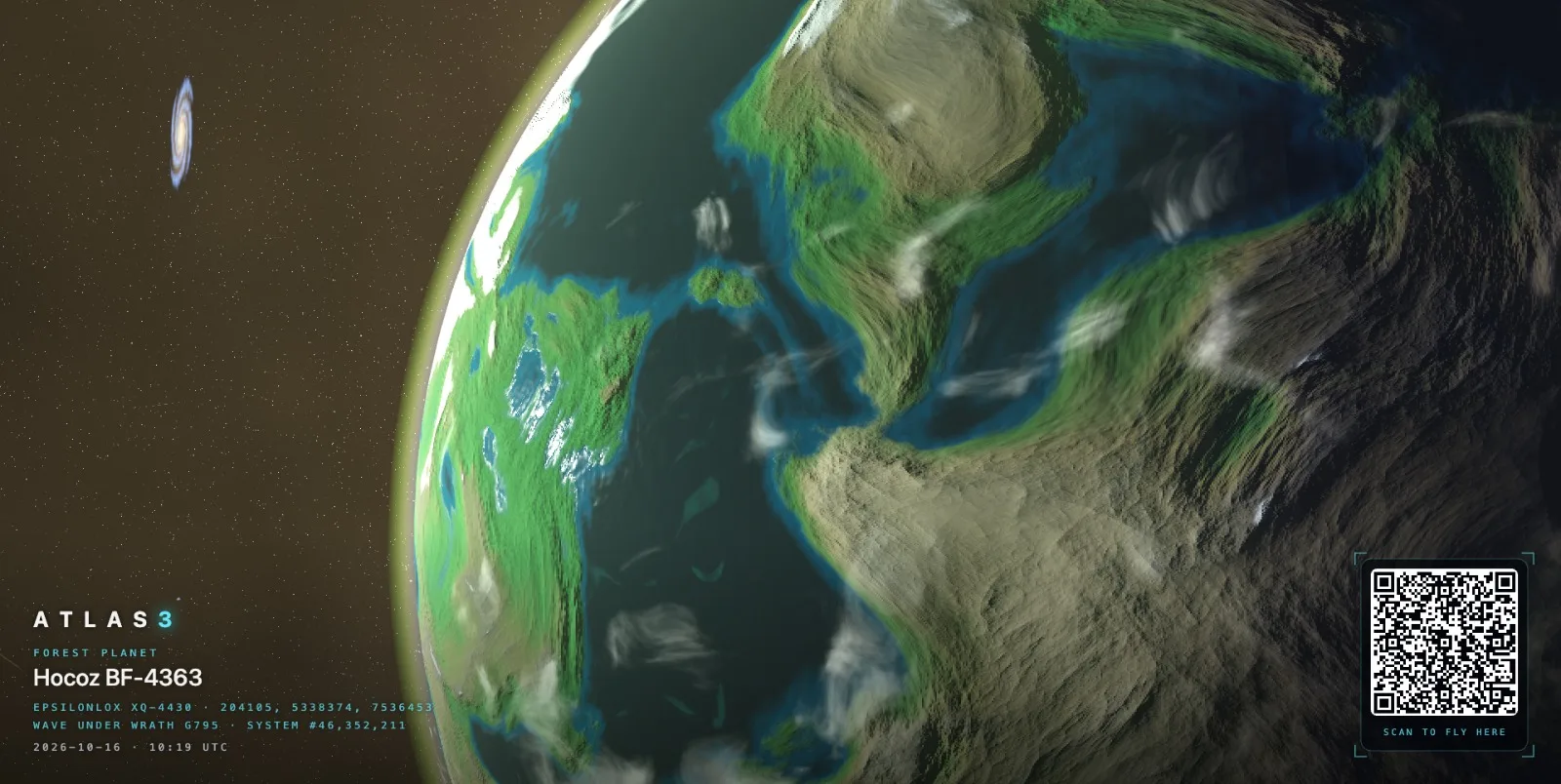 A forest planet in ATLAS3 seen from orbit, oceans and green continents under drifting clouds, a spiral galaxy in the distance