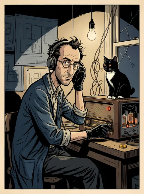 Lost File FF03, recovered scene 1 of 10: the Architect at a valve radio, headphones on, as somebody picks up the line
