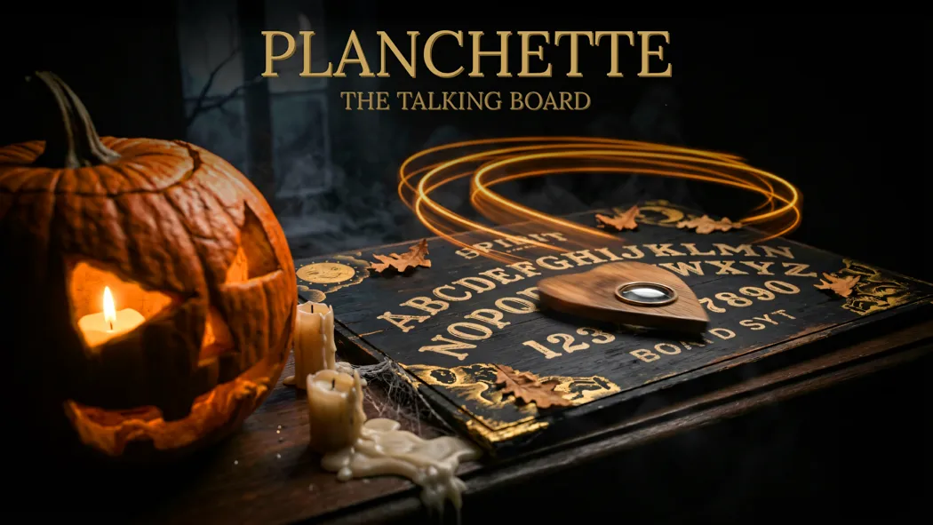 Halloween 2026 key art for the board deck — carving pumpkins, candles and the planchette waiting on a deck of ritual cards