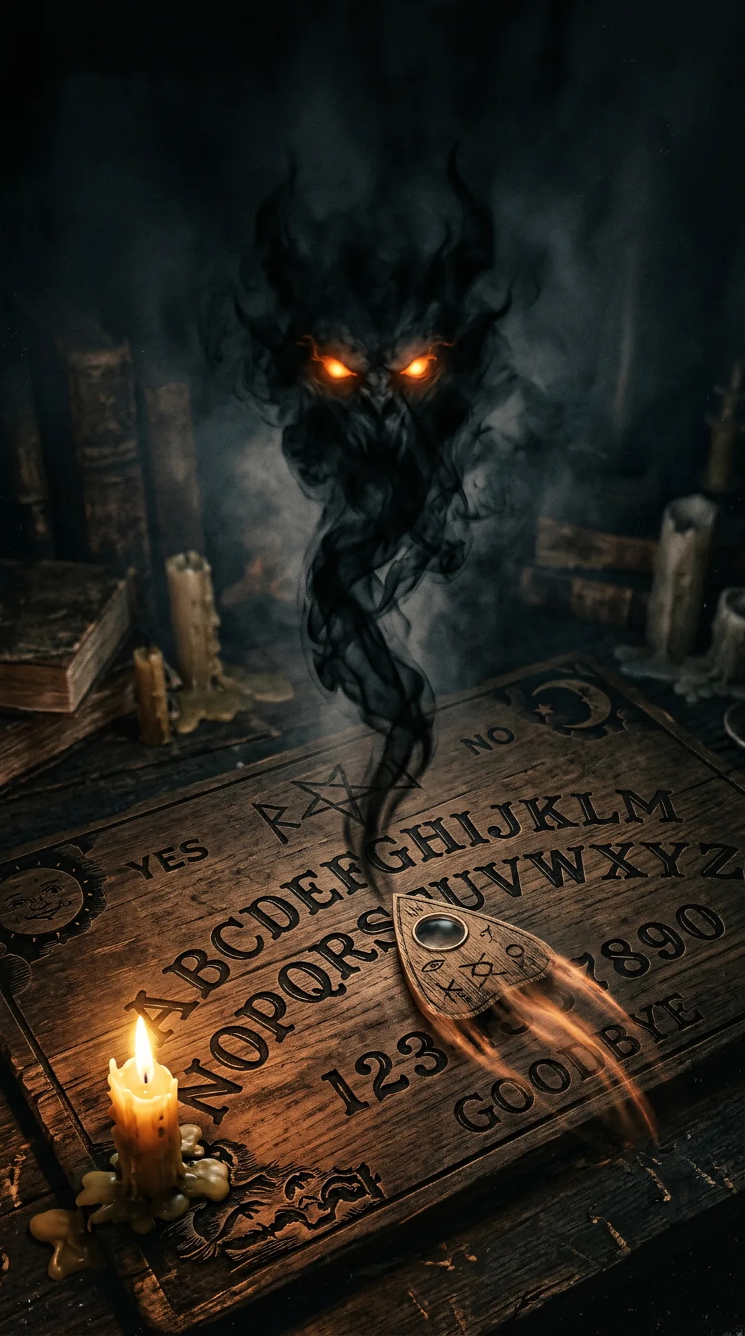 A column of black smoke rises from the talking board into a demonic face with blazing orange eyes, a single candle burning beside the planchette
